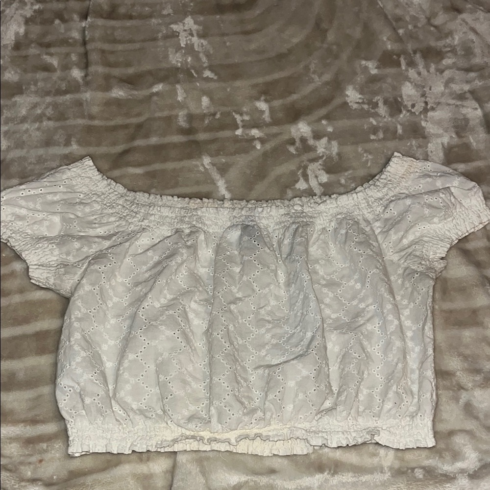 H&M White Puff Sleeve Smocked Crop Blouse